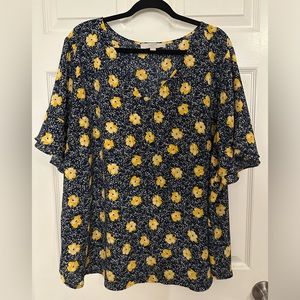Loft Plus Blouse, Navy Blue with Yellow Flowers, Ruffle Sleeve, 20